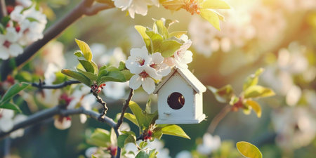 A white birdhouse hangs on a branch of a tree with white blossoms in the spring. The sun shines through the leaves, creating a warm and inviting atmosphere.の写真素材
