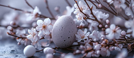 Close-up of a speckled gray Easter egg nestled among delicate white blossoms, symbolizing the joy...