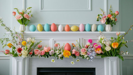 A fireplace decorated with colorful easter eggs and floral arrangements in pastel shades.の写真素材