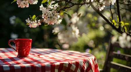 A red mug sits on a checkered tablecloth with blooming flowers in the backgroundの写真素材