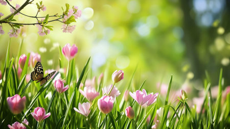 A butterfly flutters above a field of pink flowers in a meadow bathed in sunlight. The scene is a...