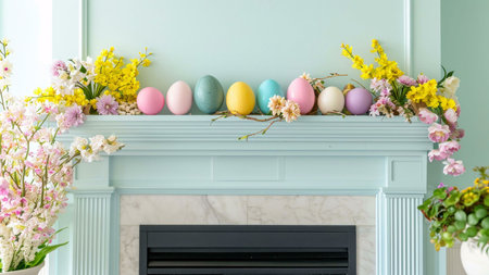 A fireplace mantel decorated with Easter eggs and flowers for the holiday season.の写真素材