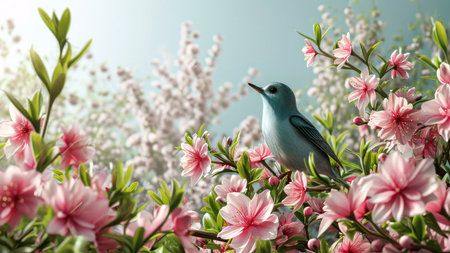A blue bird sits on a branch with pink flowersの写真素材