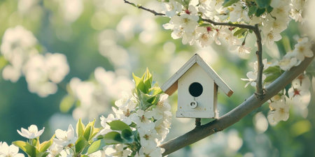 A white birdhouse nestled amongst the branches of a blooming tree, showing the beauty of nature and springtime.の写真素材