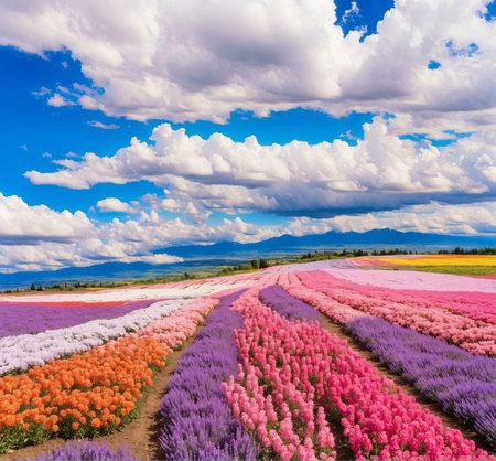 A breathtaking view of colorful flower fields stretching out under a bright blue sky, with fluffy...