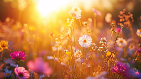 A field of wildflowers bathed in the warm light of the setting sun.の写真素材