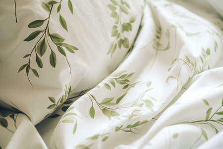 Close up of a white bed sheet with green leaves patternの写真素材