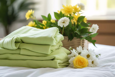 A close up shot of green fabric neatly stacked on a white bed with a bouquet of daisies and a yellow rose in the foreground. The image captures a tranquil and inviting atmosphere, ideal for creating a calming and relaxing mood.の写真素材