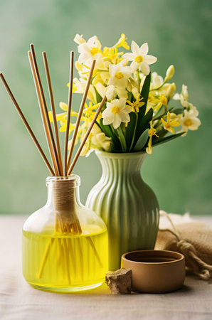 Close-up of a bouquet of white and yellow daffodils in a green vase, with a glass diffuser filled...
