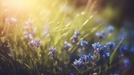 A close-up of blue wildflowers bathed in golden sunlight, creating a delicate and vibrant image of nature's beauty.の写真素材