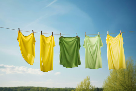Colorful clothes, including yellow and green shirts, hang on a clothesline outdoors, drying in the warm sunshine. The blue sky behind creates a cheerful and serene atmosphere.の写真素材