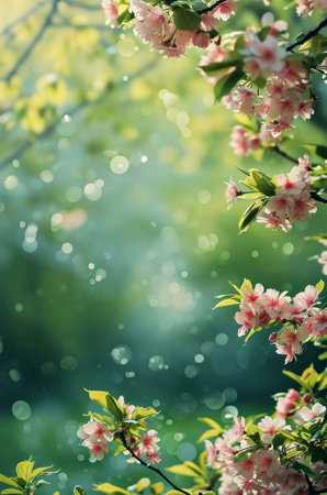 A close-up shot of delicate pink blossoms on a tree branch, bathed in the soft, warm glow of...