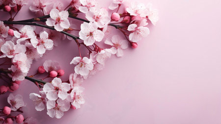 A close-up shot of delicate pink cherry blossoms on a branch against a soft pink backgroundの写真素材