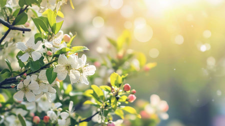 A close-up image of white spring blossoms on a tree branch, bathed in warm sunlight. The flowers are delicate and delicate with green leaves. The image evokes a sense of peace and freshness.の写真素材