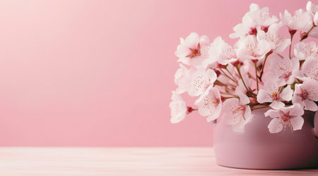 Pink cherry blossoms arranged in a vase on a wooden table with pink background.の写真素材