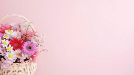 A wicker basket filled with a vibrant bouquet of pink, white, and red flowers against a soft pink background.の写真素材