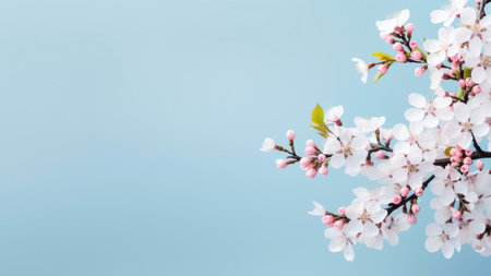 A branch of delicate cherry blossoms with pink buds and white petals against a light blue sky. The...