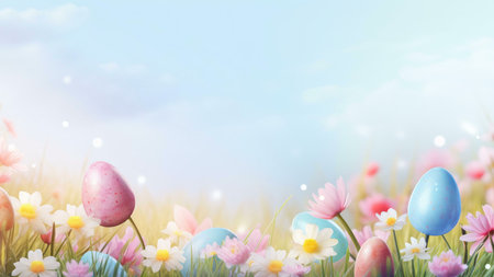 A festive Easter scene featuring colorful eggs and beautiful flowers in a field against a blue sky.