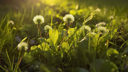 A close up of dandelions in a field bathed in warm sunlight.の写真素材
