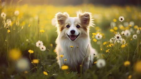 A cute dog sits in a field of flowers, smiling and looking at the camera.の写真素材