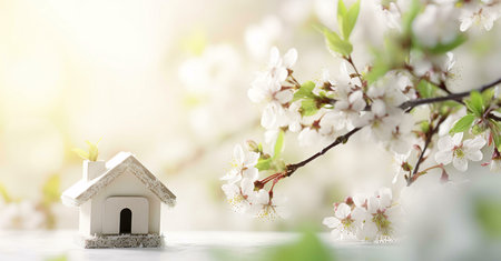 A white miniature house sits in front of a blossoming cherry tree, symbolizing the start of spring and a new beginning.の写真素材