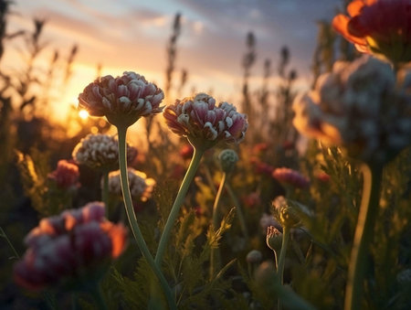 Close up of delicate pink and white flowers in a field with the sun setting in the background.