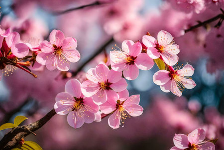 A close-up of delicate pink cherry blossoms blooming in spring, showing the vibrant colors and soft petals of these beautiful flowers.の写真素材