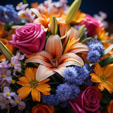 Close-up view of a vibrant bouquet of flowers, featuring a variety of colors and textures.の写真素材
