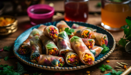 Colorful and delicious rainbow spring rolls on a plate with a wooden background.