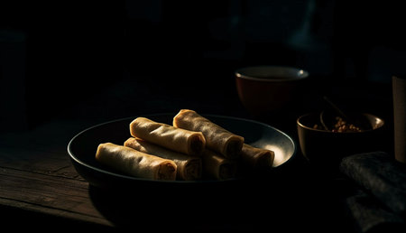 A plate of spring rolls on a dark wooden table, illuminated by a single light source. The rolls are arranged in a pile and have a light brown hue. The rest of the image is dark, creating a dramatic effect.の写真素材