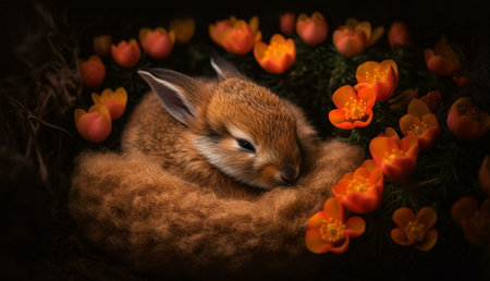 A small, fluffy bunny sleeps soundly in a nest of orange flowers. The bunny's soft fur and tiny...