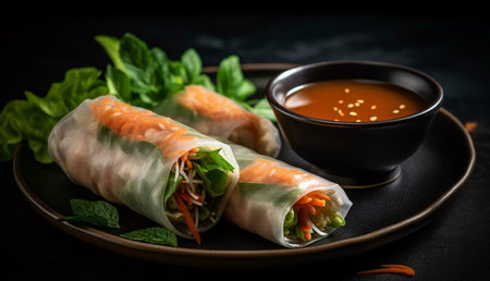 A plate of freshly prepared Vietnamese summer rolls, filled with assorted vegetables and protein,...