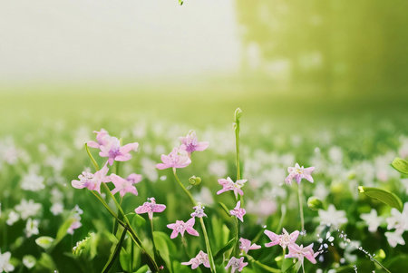 A close-up of pink wildflowers blooming in a lush green meadow, bathed in soft, natural light.