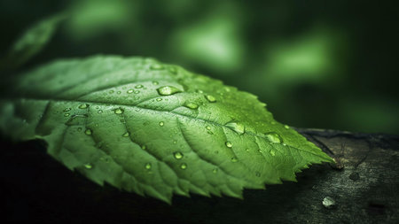 A close-up shot of a green leaf covered in dew drops, showing the intricate details and textures of...