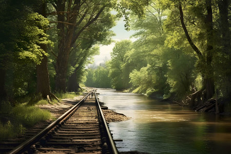 A tranquil river flows along a set of railroad tracks through a lush forest. The sunlight filters...