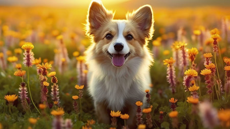 A happy dog stands in a field of yellow flowers with the sun setting in the background.の写真素材