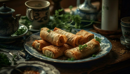 A close-up shot of a plate of delicious spring rolls. The rolls are crispy and golden brown, and...