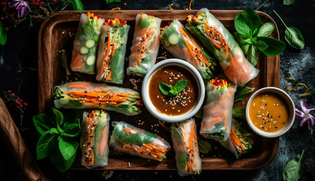 A close-up shot of a wooden tray filled with fresh spring rolls and a peanut sauce dipping bowl. The...