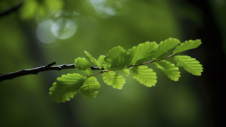 Close-up shot of a green leaves branch in a forest. The sunlight creates a soft bokeh effect in the...
