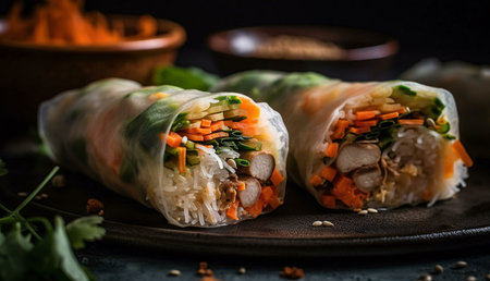Close up of freshly made Vietnamese spring rolls with different fillings, including vegetables,...