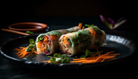 Two Vietnamese spring rolls are arranged on a black plate with fresh vegetables and carrots.