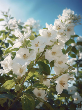A close-up shot of white flowers in full bloom, capturing their delicate beauty and vibrant colors against a backdrop of a bright blue sky. The image radiates warmth and freshness.の写真素材