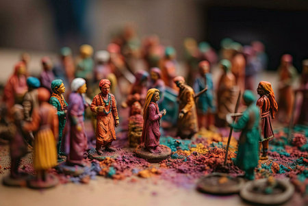 A close-up view of a collection of colorful miniature figures, possibly representing a scene from...