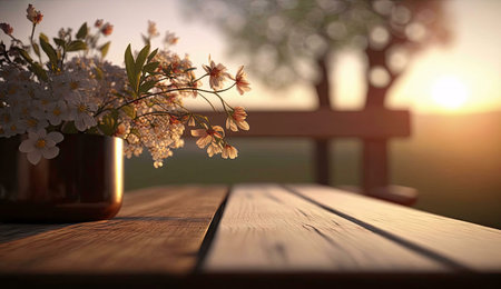A close-up of a vase of flowers on a wooden table with a blurred sunset in the background.