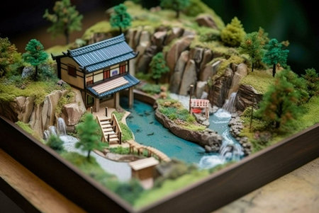 A miniature model of a Japanese garden with a house, waterfalls, and a stream. The model is made with great detail and includes trees, rocks, and other elements of a traditional Japanese garden.の写真素材