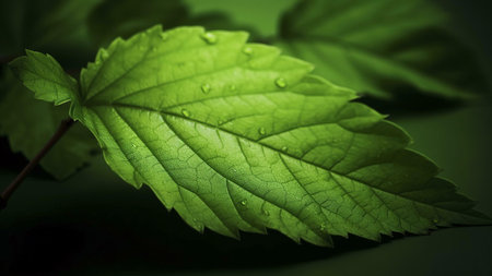 A single green leaf with water droplets, showing its intricate detail and vibrant color