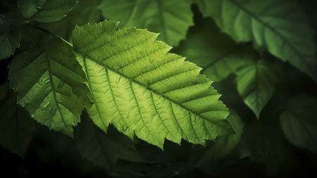 A close-up shot of a green leaf with dew drops, showing its intricate veins and texture.の写真素材