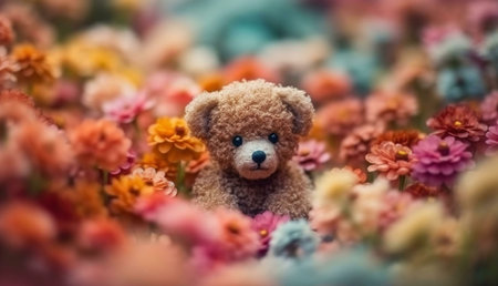 A cuddly teddy bear is nestled amidst a vibrant field of colorful flowers, creating a whimsical and...