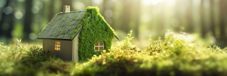 A small model house covered in green moss and nestled within a lush forest, symbolizing harmony...