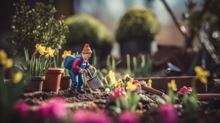 A miniature gardener is seen working in a miniature garden, meticulously digging the soil with a...